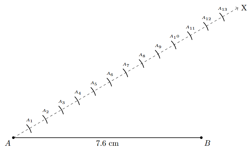 Step 3: 13 equally spaced points are marked on the ray AX.